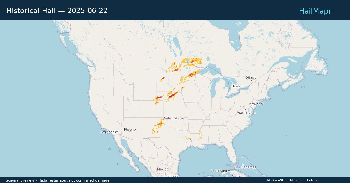 Historical Hail — 2025-06-22 — regional heatmap and storm polygons