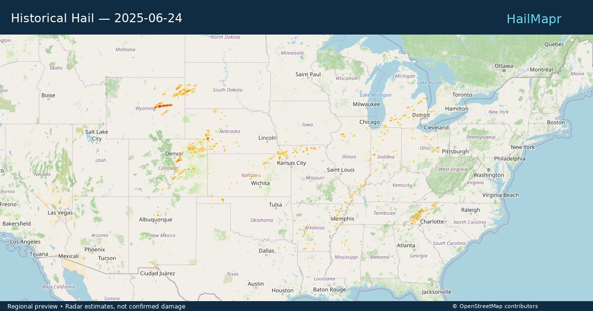 Historical Hail — 2025-06-24 — regional heatmap and storm polygons