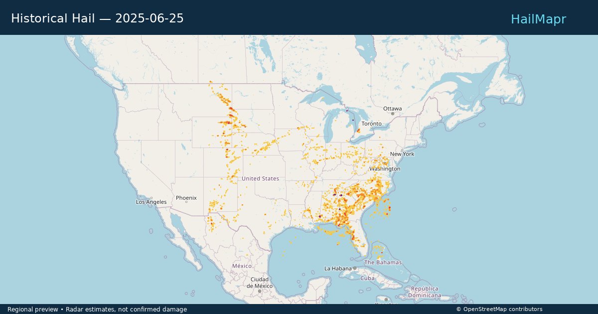 Historical Hail — 2025-06-25 — regional heatmap and storm polygons