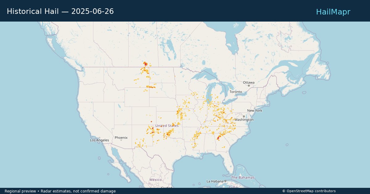 Historical Hail — 2025-06-26 — regional heatmap and storm polygons