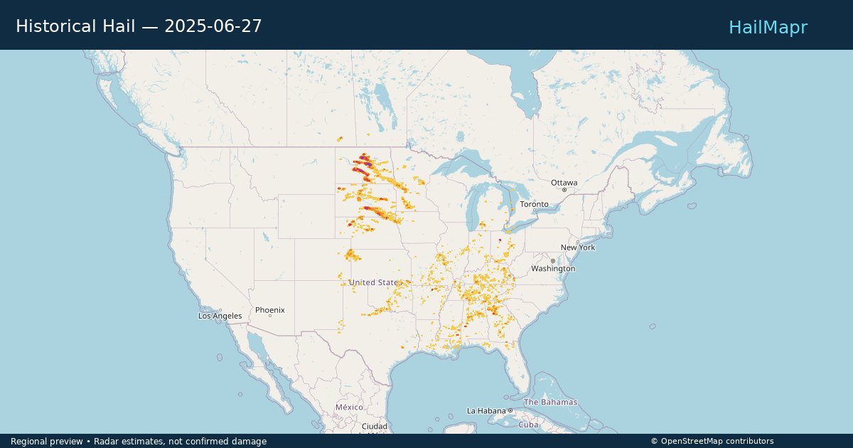 Historical Hail — 2025-06-27 — regional heatmap and storm polygons