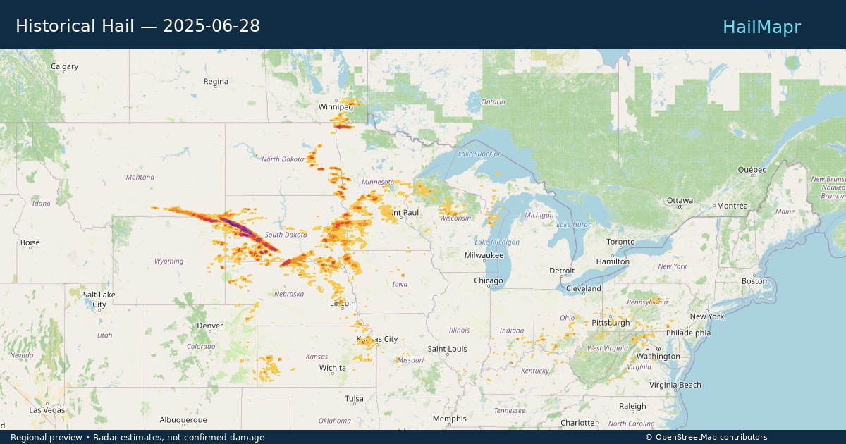Historical Hail — 2025-06-28 — regional heatmap and storm polygons