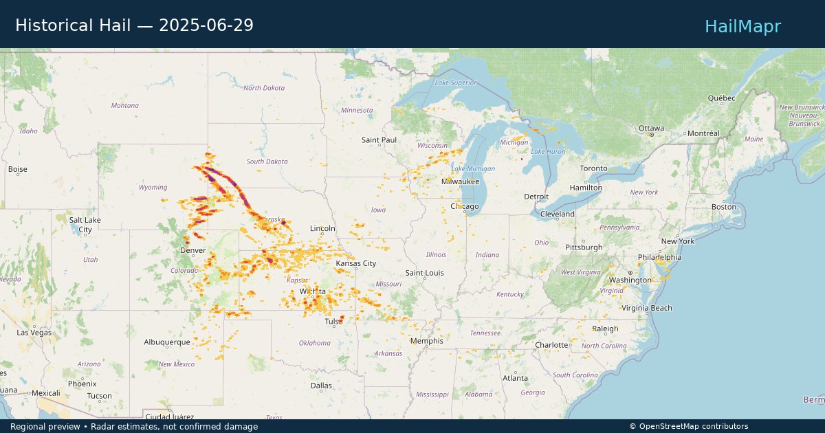 Historical Hail — 2025-06-29 — regional heatmap and storm polygons