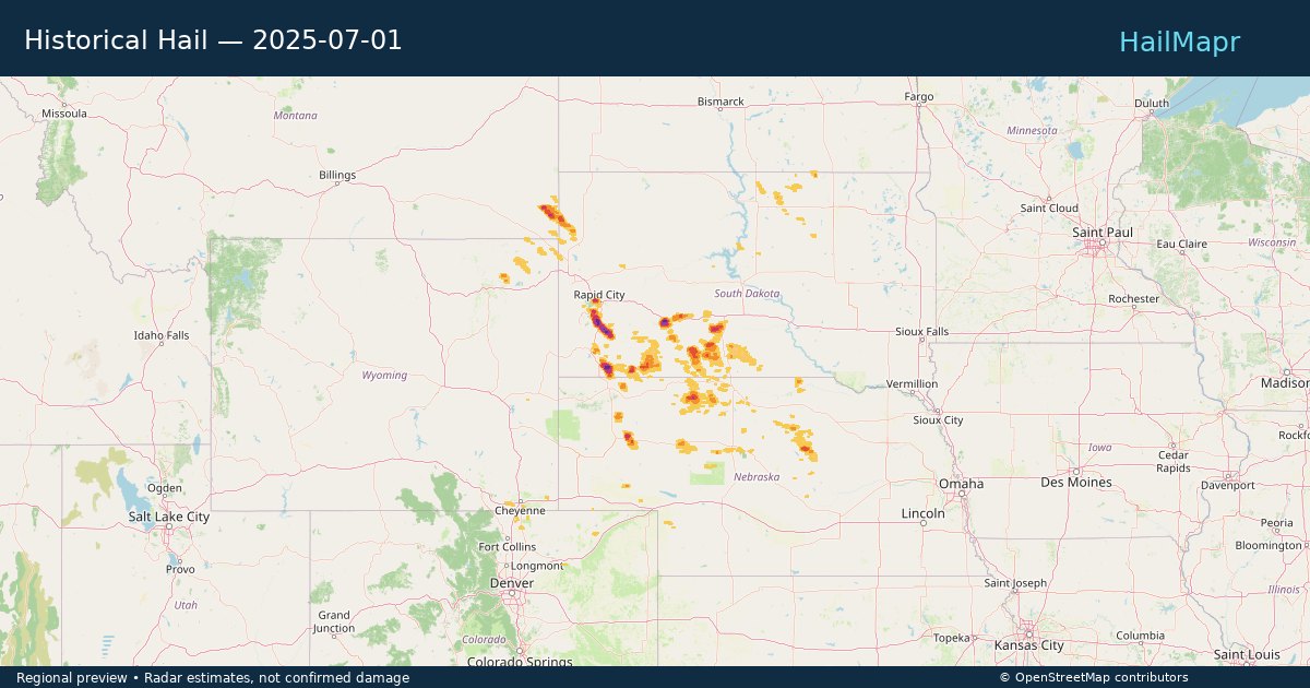 Historical Hail — 2025-07-01 — regional heatmap and storm polygons
