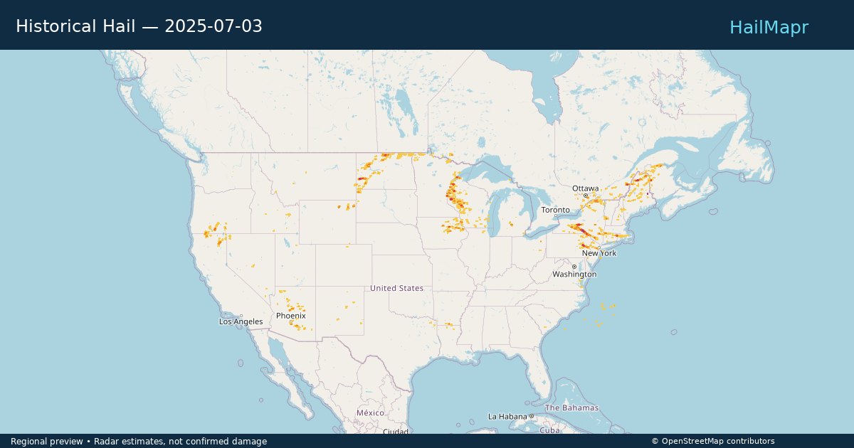 Historical Hail — 2025-07-03 — regional heatmap and storm polygons