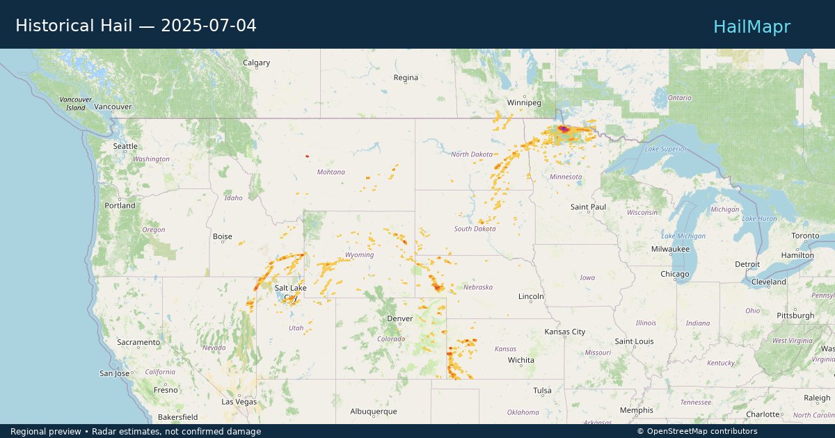 Historical Hail — 2025-07-04 — regional heatmap and storm polygons