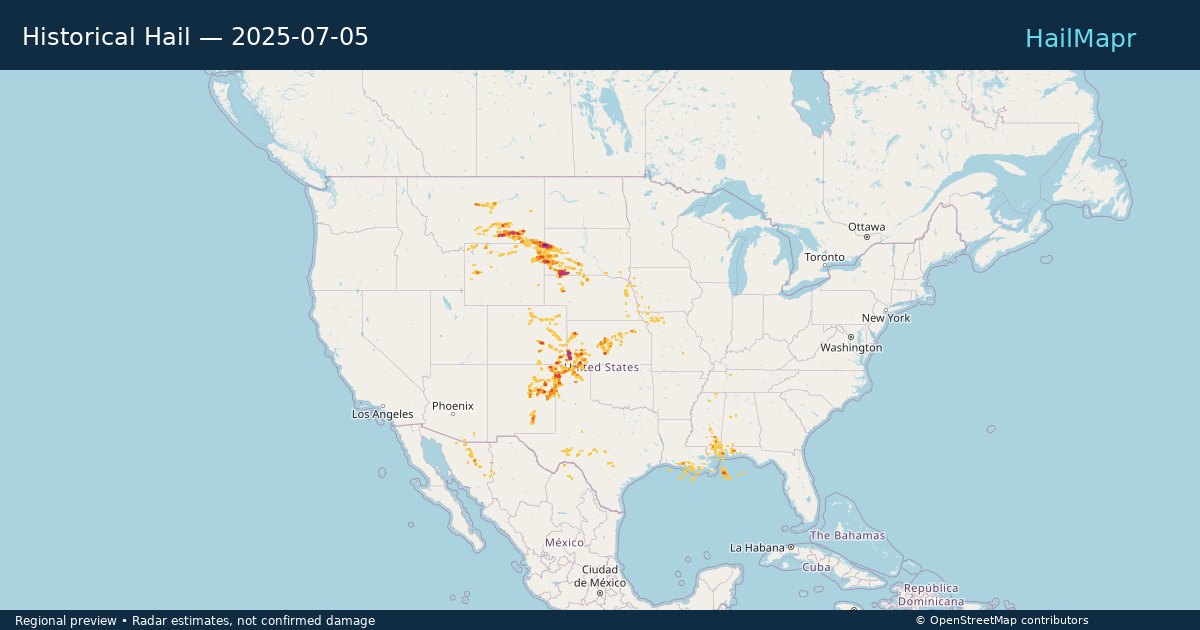 Historical Hail — 2025-07-05 — regional heatmap and storm polygons