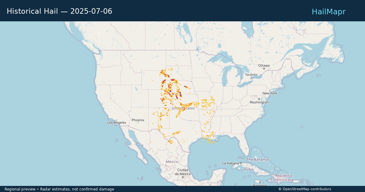 Historical Hail — 2025-07-06 — regional heatmap and storm polygons