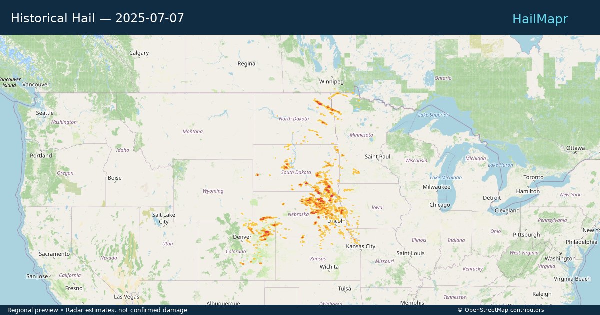 Historical Hail — 2025-07-07 — regional heatmap and storm polygons