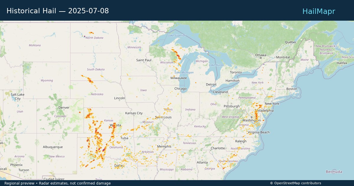 Historical Hail — 2025-07-08 — regional heatmap and storm polygons