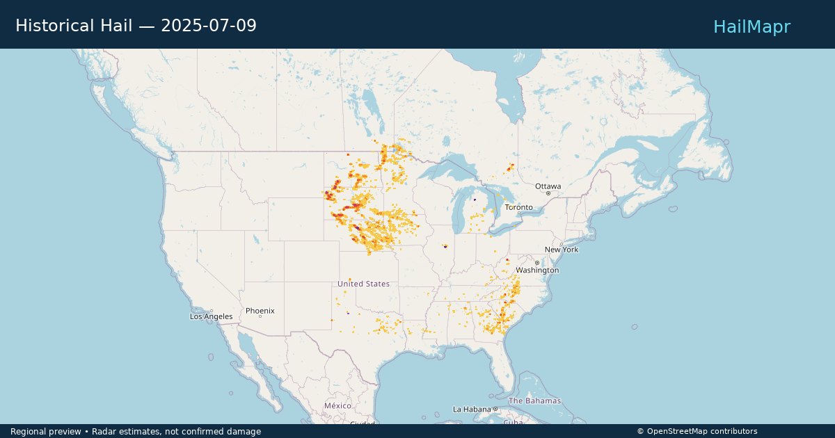 Historical Hail — 2025-07-09 — regional heatmap and storm polygons