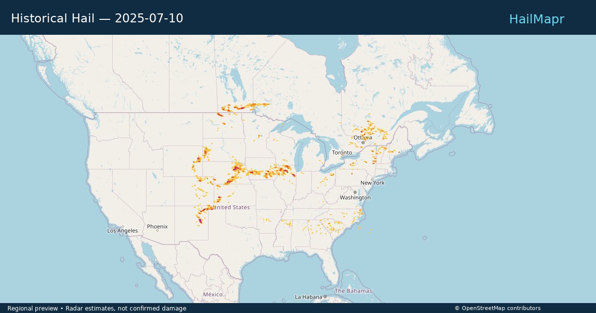 Historical Hail — 2025-07-10 — regional heatmap and storm polygons