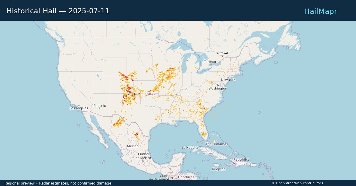Historical Hail — 2025-07-11 — regional heatmap and storm polygons