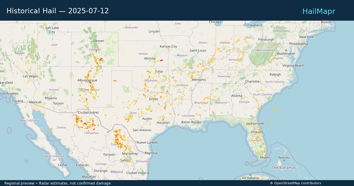 Historical Hail — 2025-07-12 — regional heatmap and storm polygons