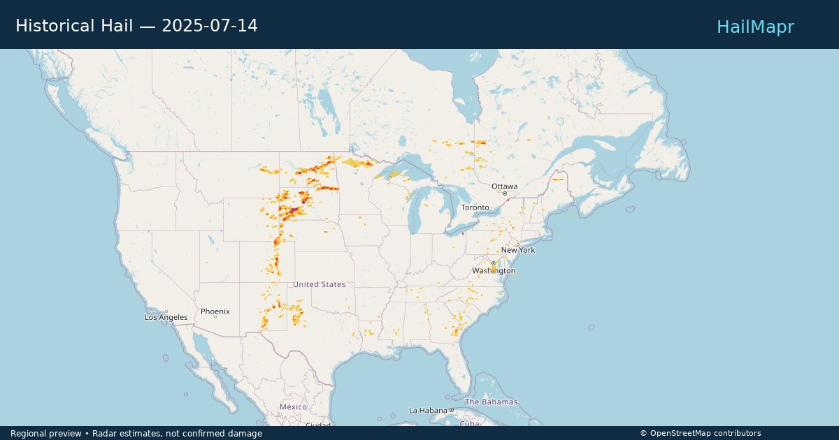 Historical Hail — 2025-07-14 — regional heatmap and storm polygons