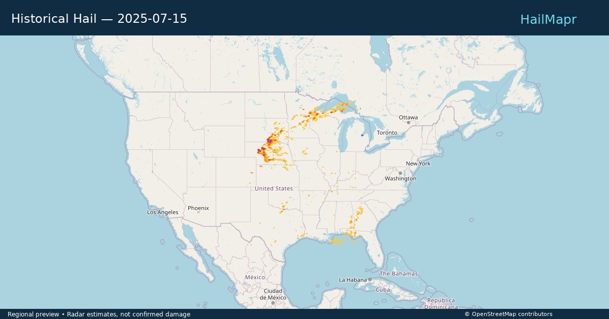 Historical Hail — 2025-07-15 — regional heatmap and storm polygons