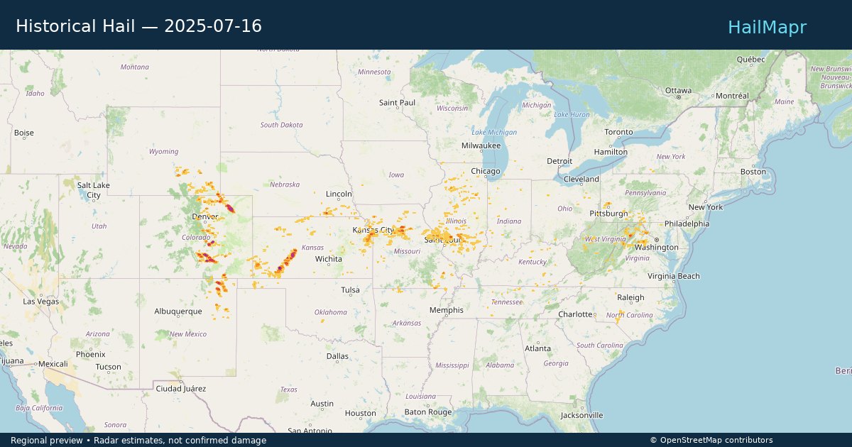 Historical Hail — 2025-07-16 — regional heatmap and storm polygons