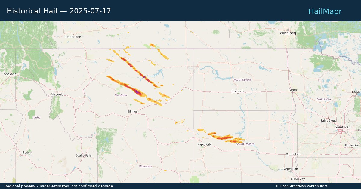 Historical Hail — 2025-07-17 — regional heatmap and storm polygons