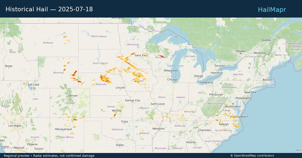 Historical Hail — 2025-07-18 — regional heatmap and storm polygons