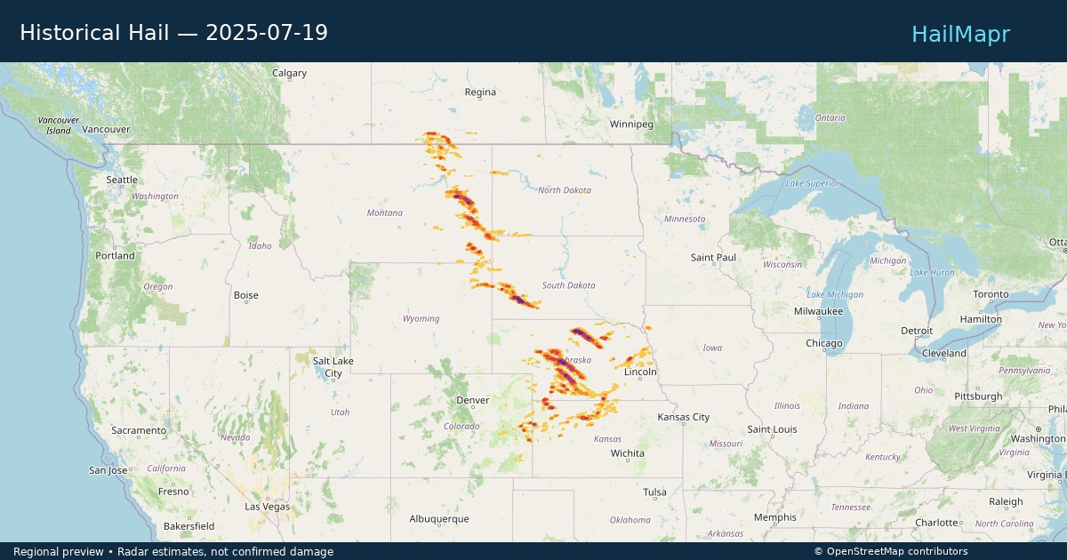 Historical Hail — 2025-07-19 — regional heatmap and storm polygons