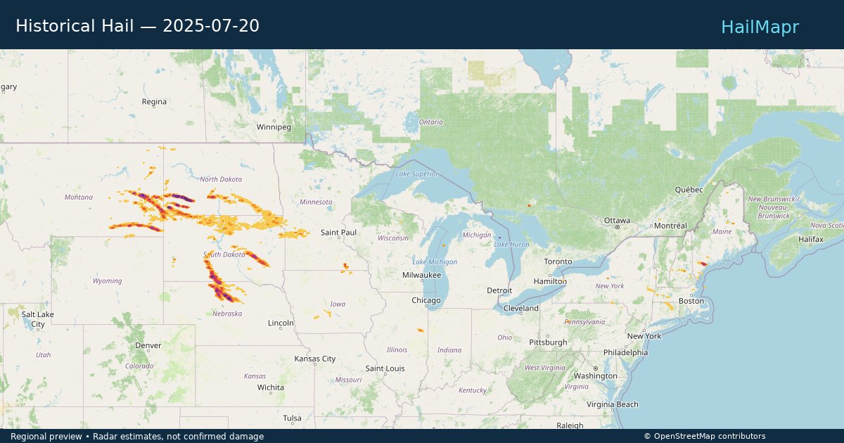 Historical Hail — 2025-07-20 — regional heatmap and storm polygons