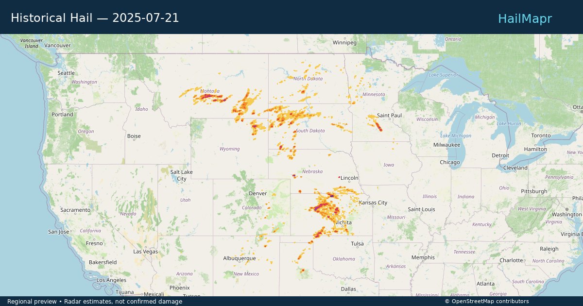 Historical Hail — 2025-07-21 — regional heatmap and storm polygons