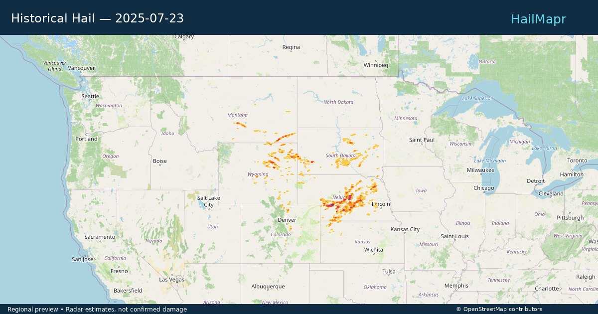 Historical Hail — 2025-07-23 — regional heatmap and storm polygons