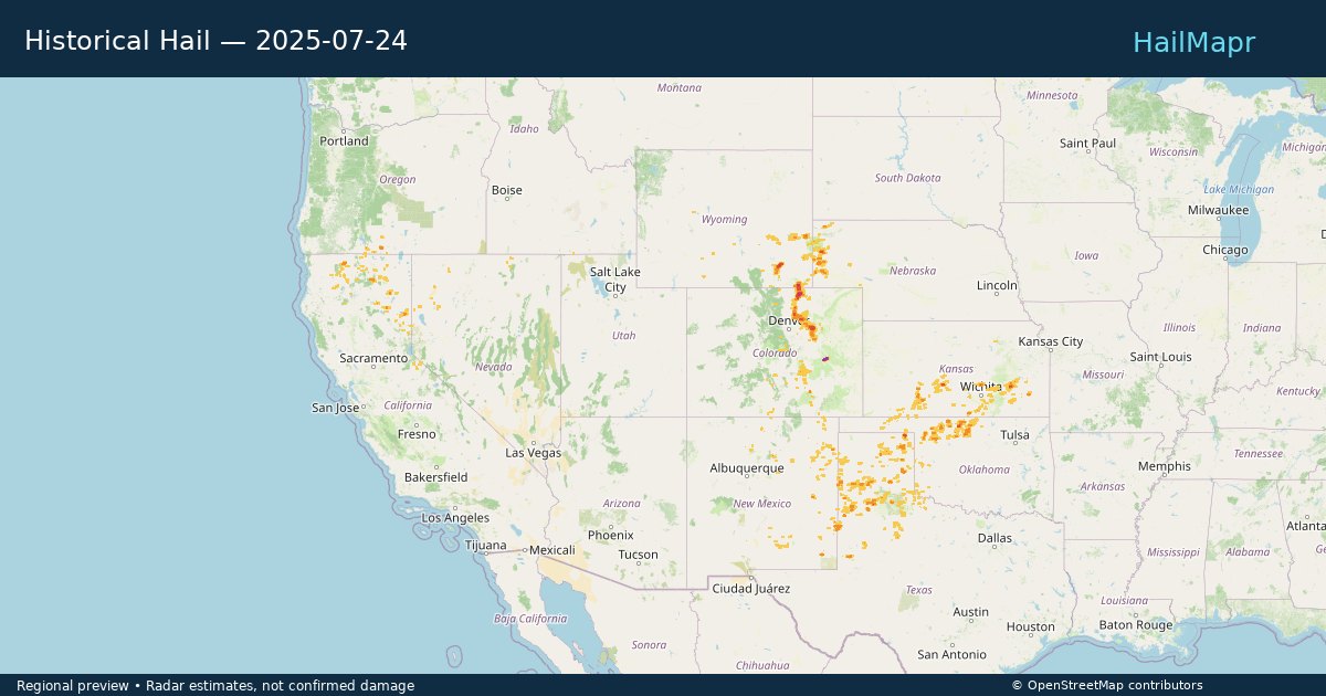 Historical Hail — 2025-07-24 — regional heatmap and storm polygons