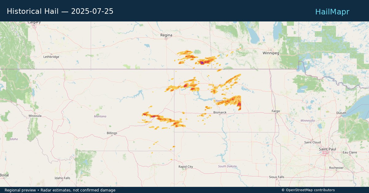 Historical Hail — 2025-07-25 — regional heatmap and storm polygons