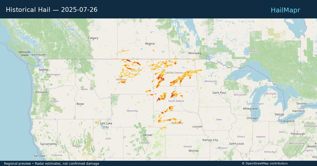 Historical Hail — 2025-07-26 — regional heatmap and storm polygons
