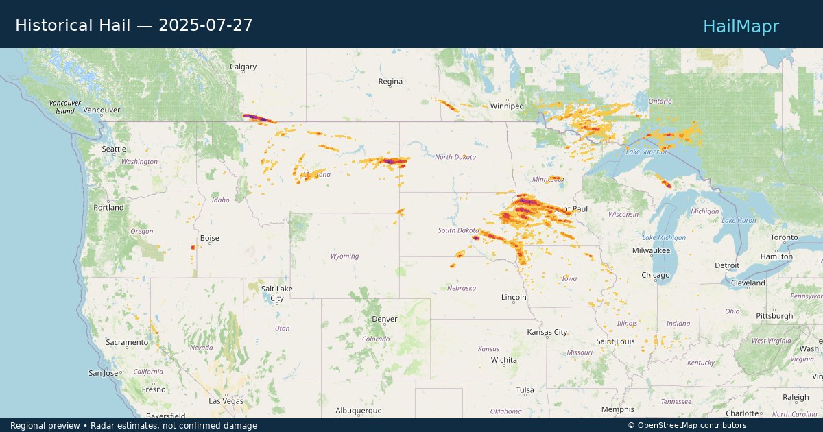 Historical Hail — 2025-07-27 — regional heatmap and storm polygons