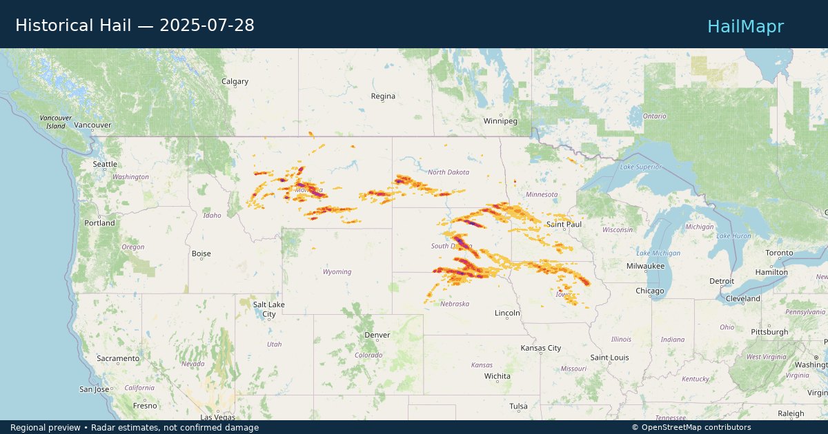 Historical Hail — 2025-07-28 — regional heatmap and storm polygons