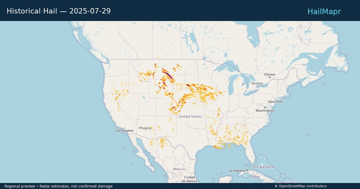 Historical Hail — 2025-07-29 — regional heatmap and storm polygons