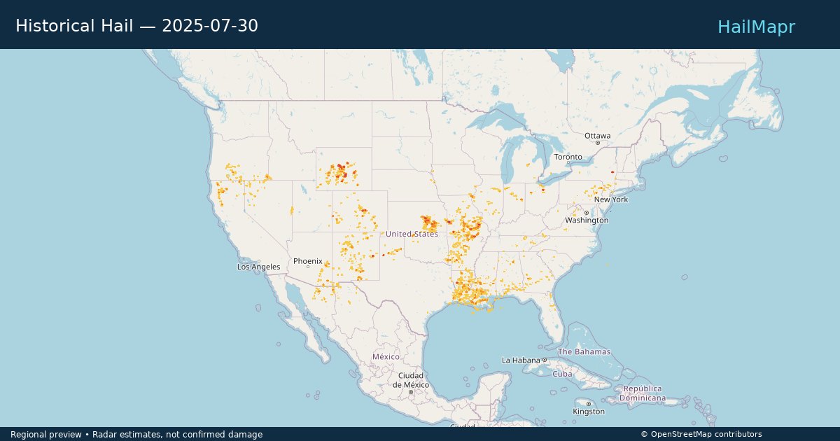 Historical Hail — 2025-07-30 — regional heatmap and storm polygons