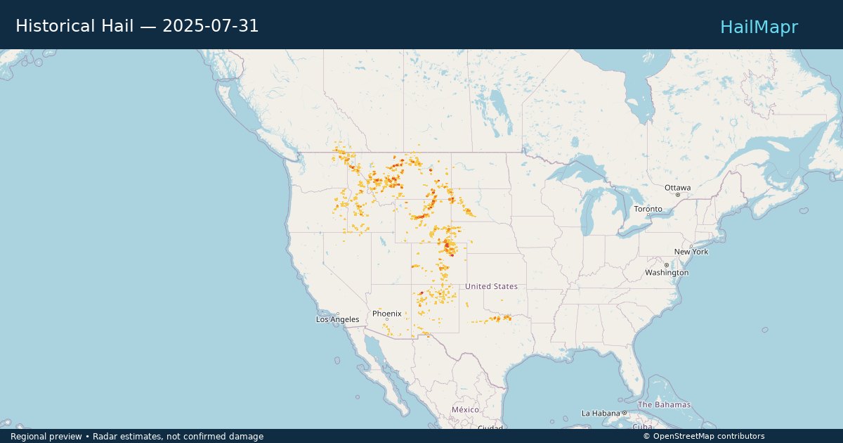 Historical Hail — 2025-07-31 — regional heatmap and storm polygons
