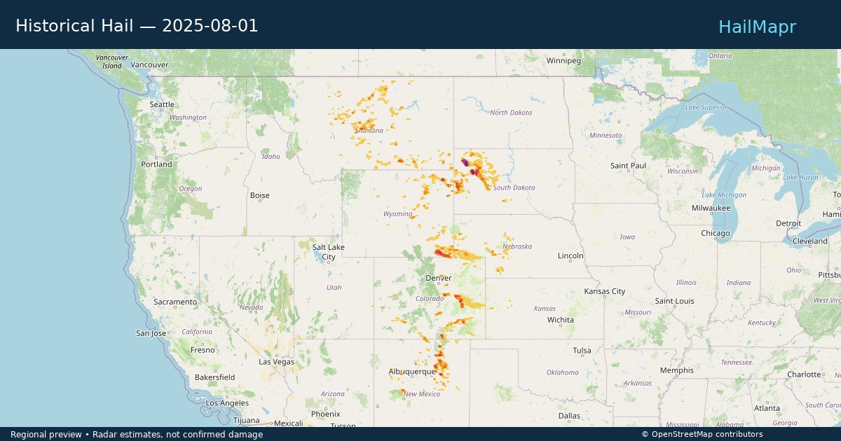 Historical Hail — 2025-08-01 — regional heatmap and storm polygons