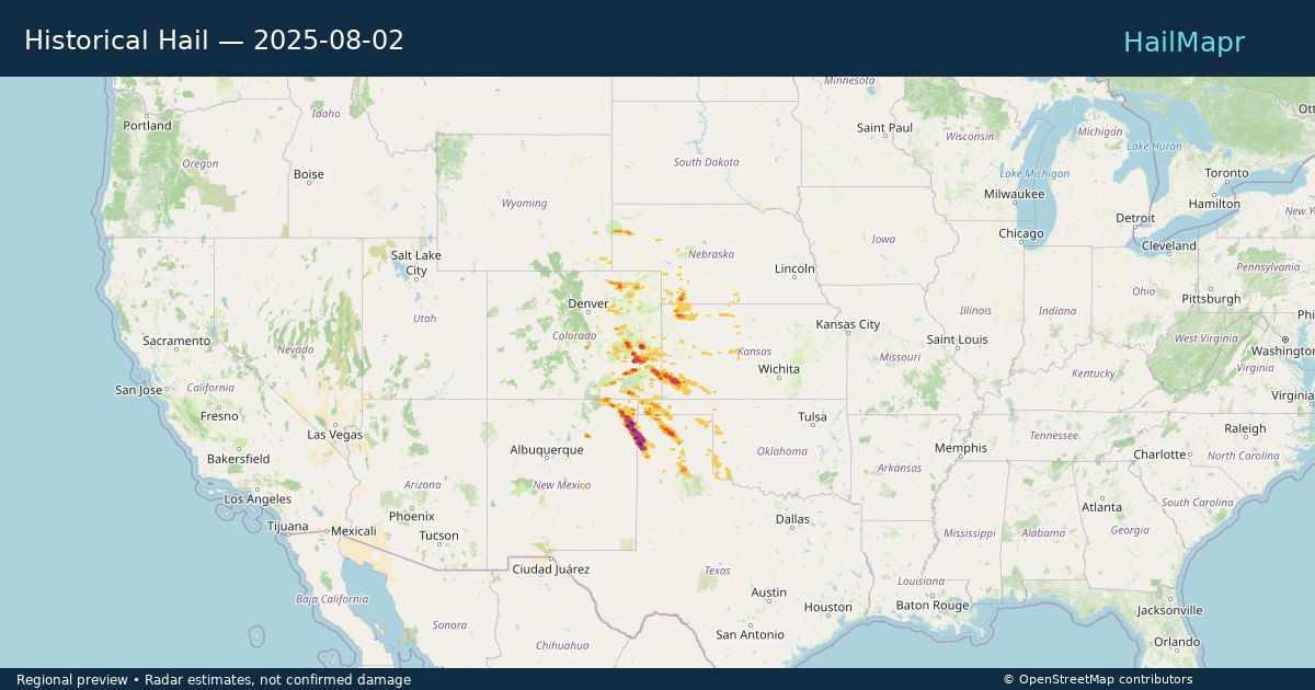 Historical Hail — 2025-08-02 — regional heatmap and storm polygons