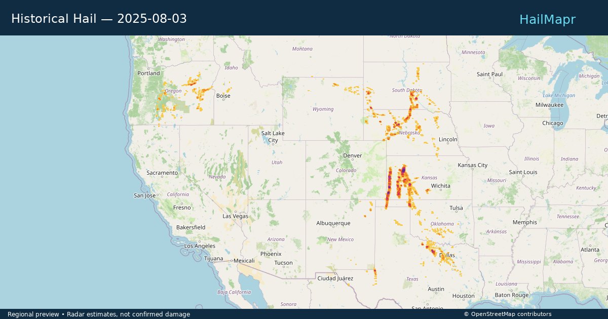 Historical Hail — 2025-08-03 — regional heatmap and storm polygons