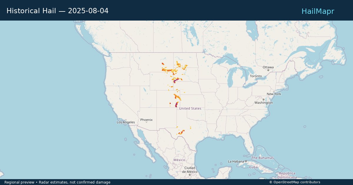 Historical Hail — 2025-08-04 — regional heatmap and storm polygons