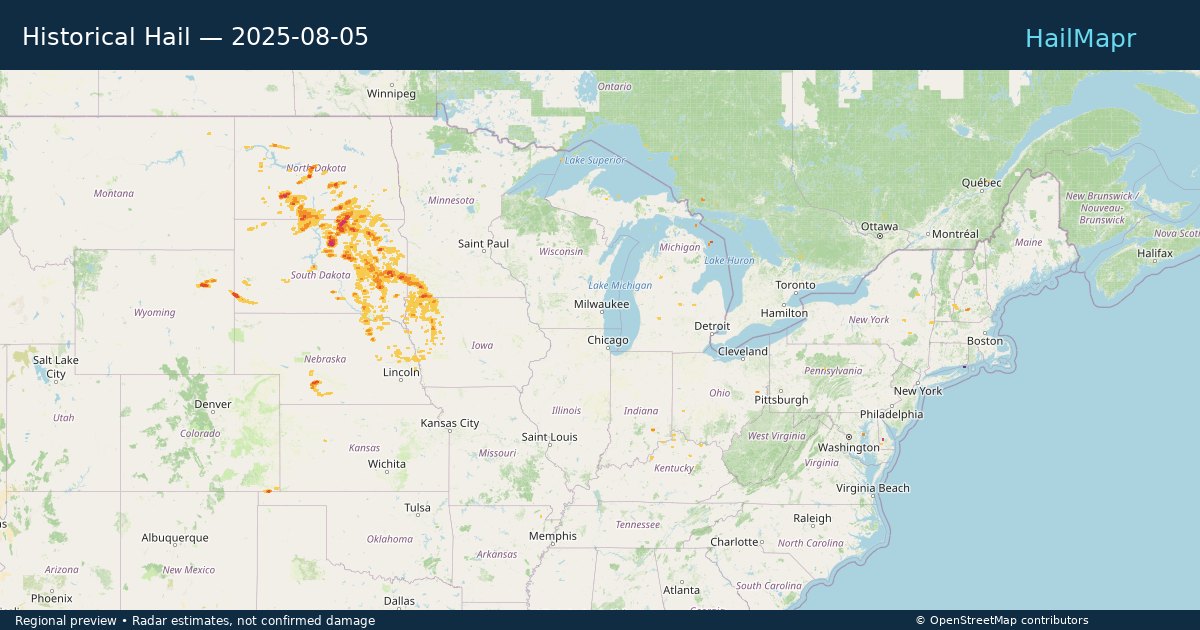 Historical Hail — 2025-08-05 — regional heatmap and storm polygons