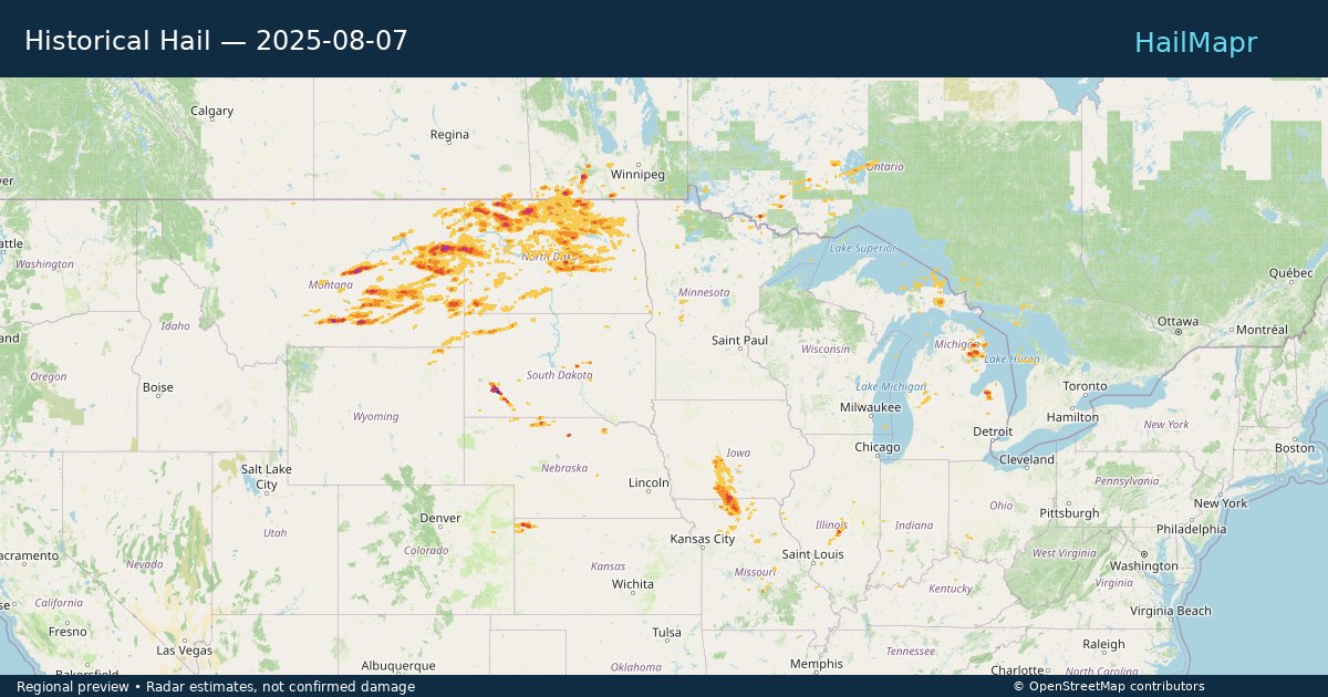 Historical Hail — 2025-08-07 — regional heatmap and storm polygons