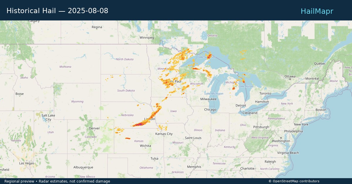 Historical Hail — 2025-08-08 — regional heatmap and storm polygons