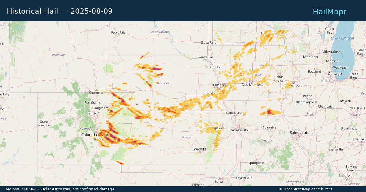 Historical Hail — 2025-08-09 — regional heatmap and storm polygons
