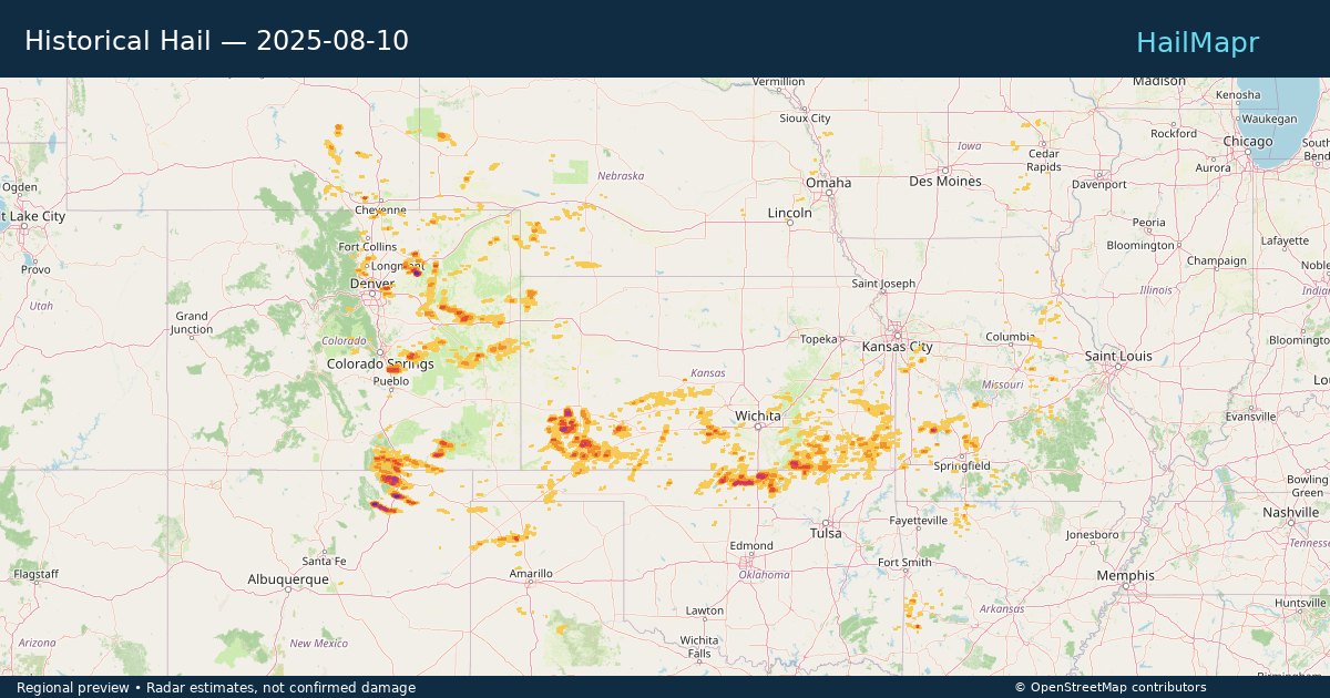 Historical Hail — 2025-08-10 — regional heatmap and storm polygons