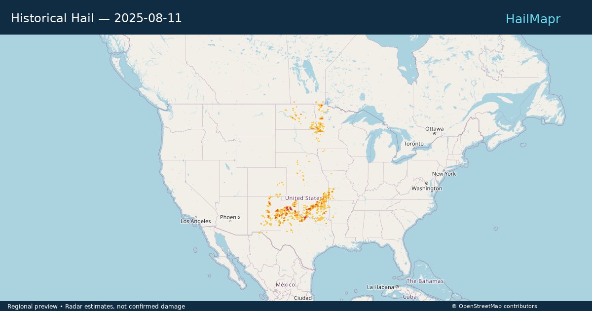Historical Hail — 2025-08-11 — regional heatmap and storm polygons
