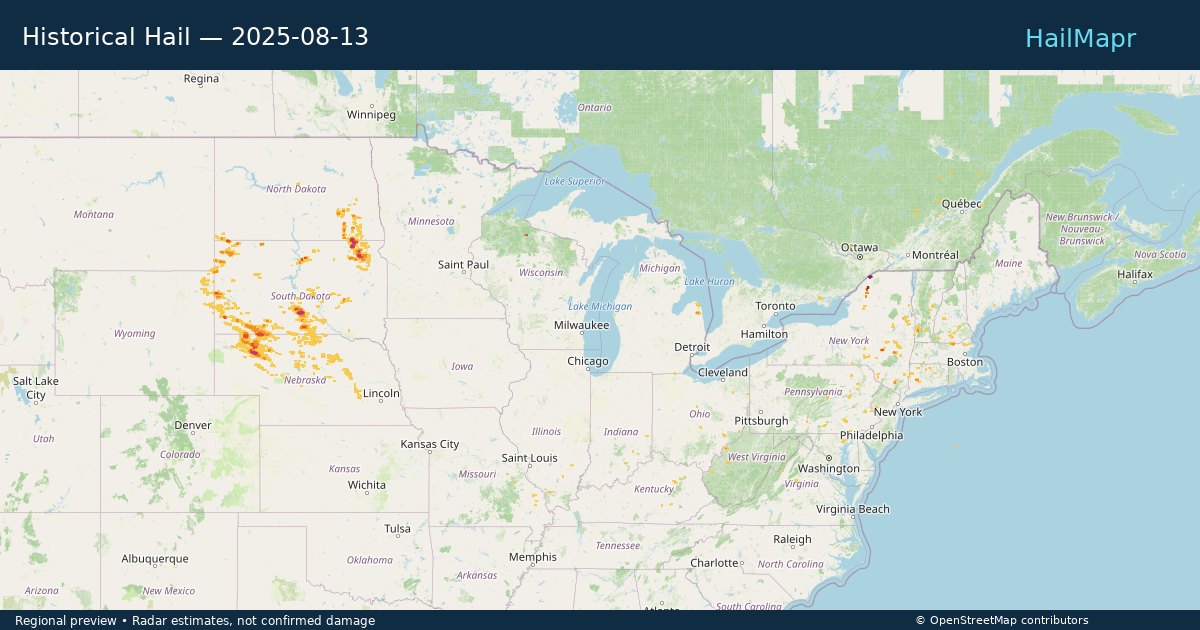 Historical Hail — 2025-08-13 — regional heatmap and storm polygons