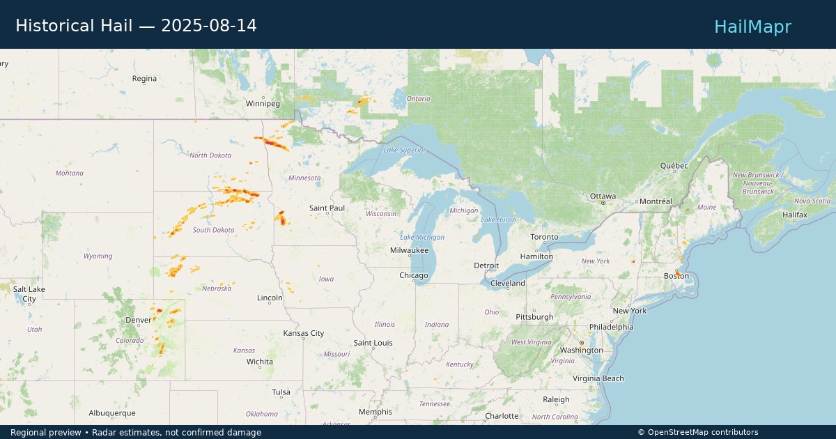 Historical Hail — 2025-08-14 — regional heatmap and storm polygons