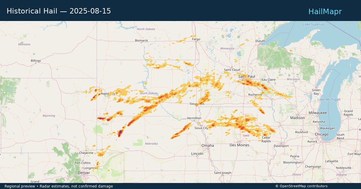 Historical Hail — 2025-08-15 — regional heatmap and storm polygons