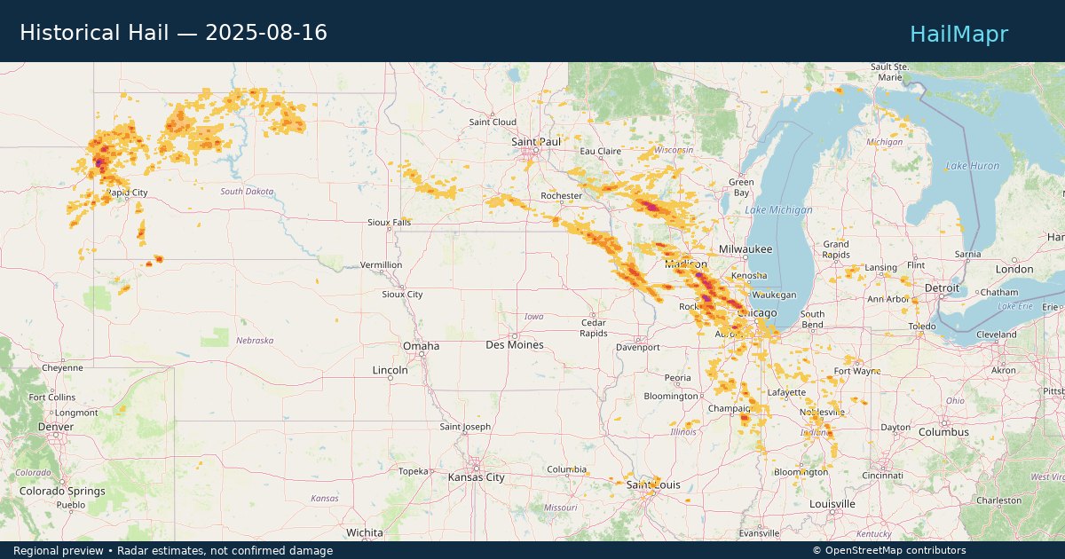 Historical Hail — 2025-08-16 — regional heatmap and storm polygons