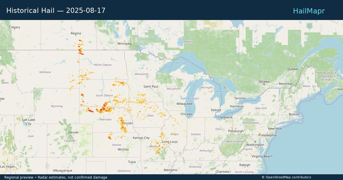 Historical Hail — 2025-08-17 — regional heatmap and storm polygons